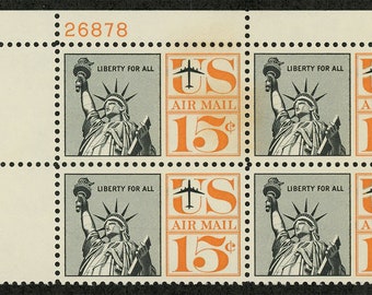 1961 Statue of Liberty Plate Block of Four 15-Cent United States Air Mail Postage Stamps