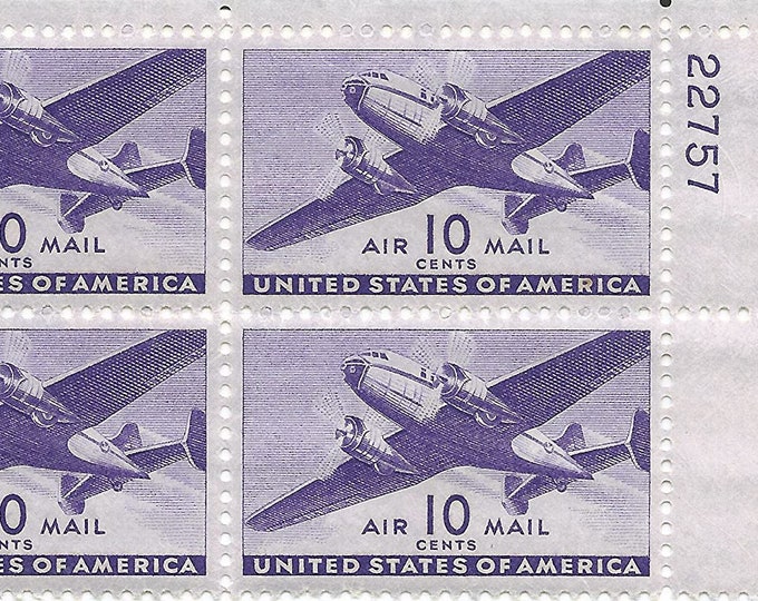 1941 10c Twin Motor Transport Plane Plate Block of 4 US Airmail Postage Stamps Mint Never Hinged