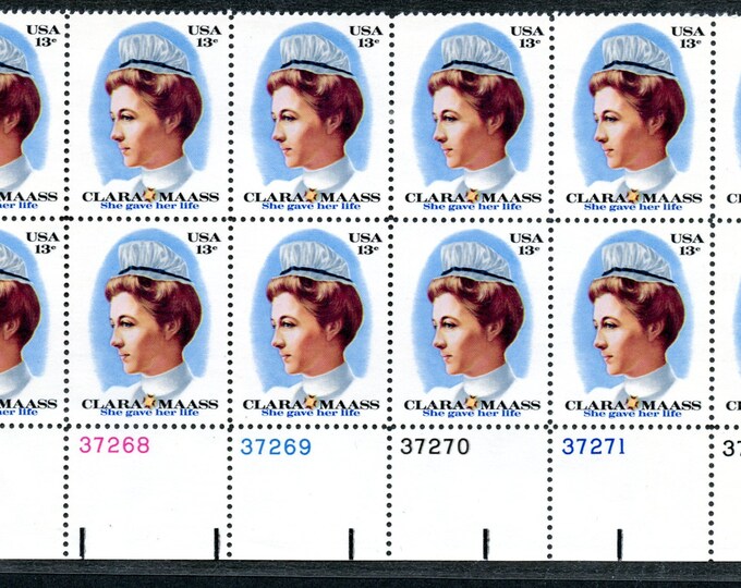 1976 Nurse Clara Maass Plate Block of Twelve 13-Cent US Postage Stamps Mint Never Hinged