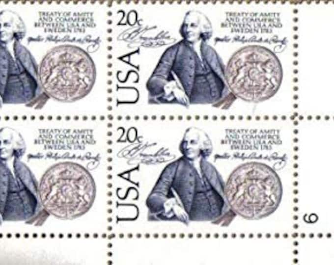 Sweden Treaty of Amity Plate Block of Four 20-Cent United States Postage Stamps Issued 1983