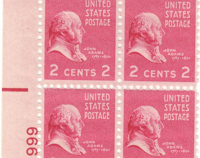 John Adams Plate Block of Four 2-Cent United States Postage Stamps Issued 1938