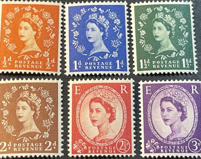 1956 Queen Elizabeth II Set of Six Great Britain Postage Stamps