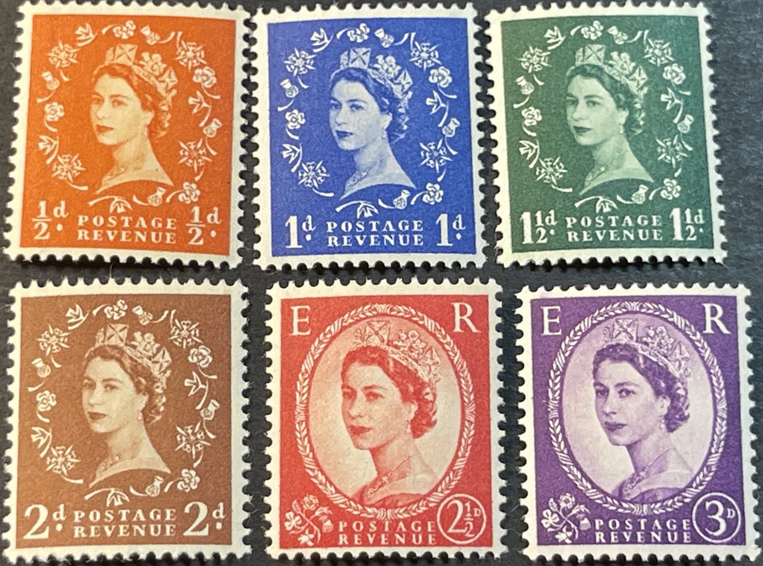 1956 Queen Elizabeth II Set of Six Great Britain Postage Stamps