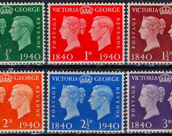 1940 Centenary of the Postage Stamp Set of Six King George VI Great Britain Postage Stamps Mint Never Hinged