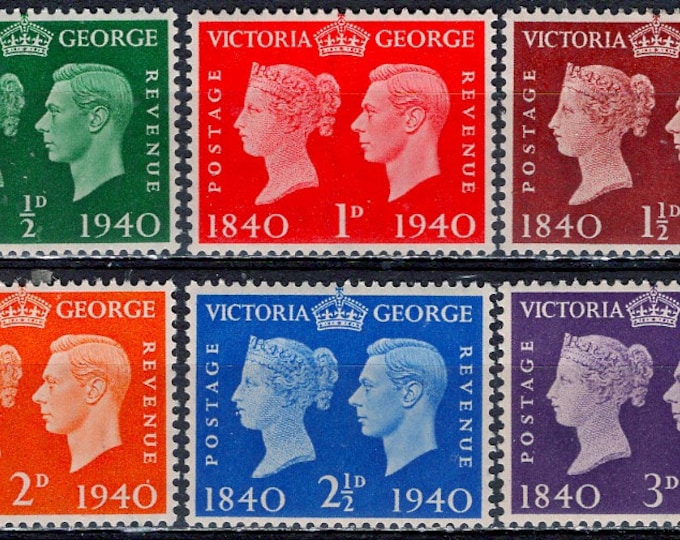 1940 Centenary of the Postage Stamp Set of Six King George VI Great Britain Postage Stamps Mint Never Hinged