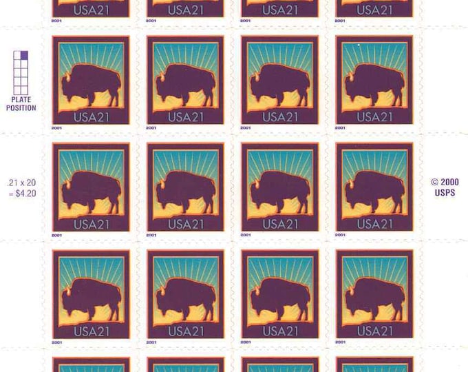 American Bison Sheet of Twenty 21-Cent United States Postage Stamps Issued 2001