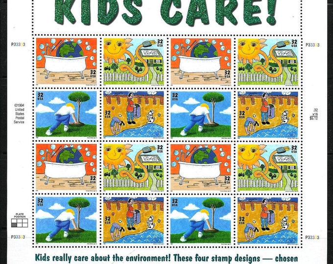 1995 Earth Day Kids Care Sheet of Sixteen US 32-Cent Postage Stamps Mint Never Hinged