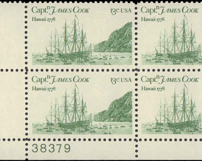 1978 Captain Cook Hawaii Voyage Plate Block of four 13-Cent United States Postage Stamps