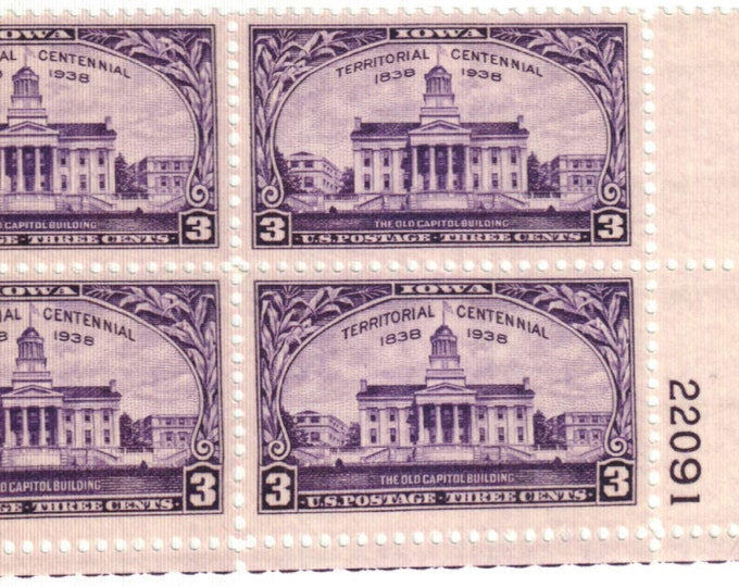 Iowa Territory Plate Block of Four 3-Cent United States Postage Stamps Issued 1938