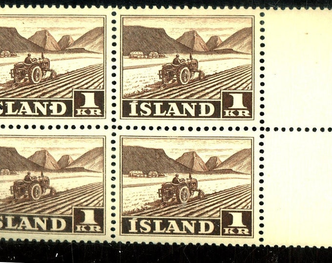 1950 Tractor Plowing Block of 4 Iceland Postage Stamps Mint Never Hinged