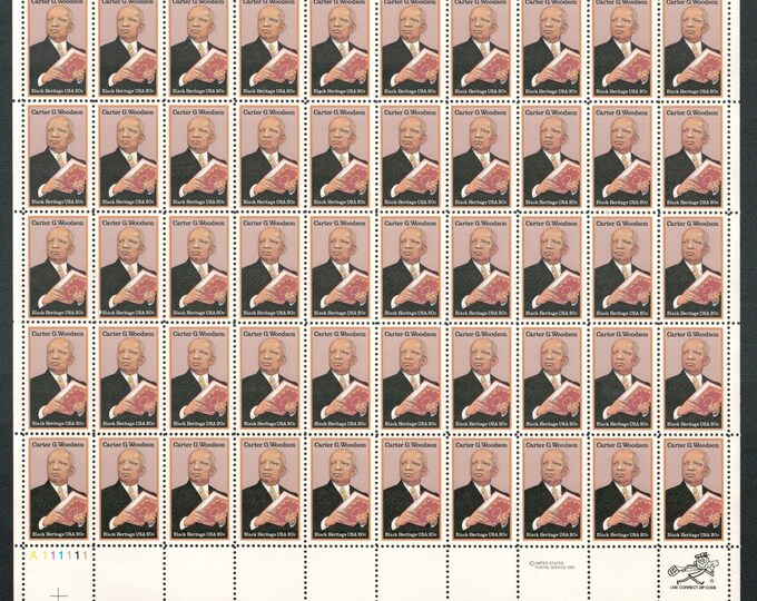 1984 Black Heritage Carter G Woodson Collectible Sheet of Fifty 20-Cent US Postage Stamps