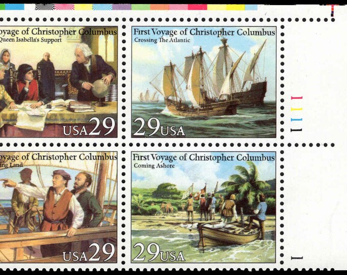 1992 First Voyage of Christopher Columbus Plate Block of Four US 29-Cent Postage Stamps Mint Never Hinged