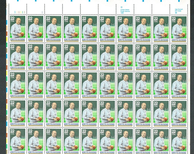Knute Rockne Sheet of Fifty 22-Cent United States Postage Stamps Issued 1988