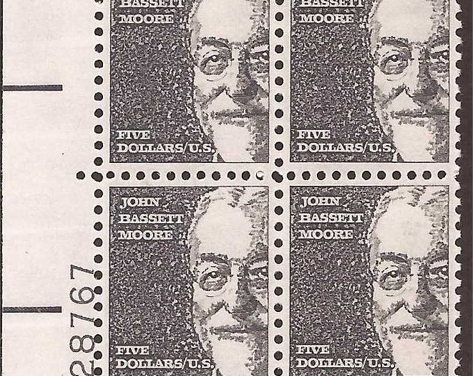 John Bassett Moore Plate Block of Four 5-Dollar United States Postage Stamps Issued 1966