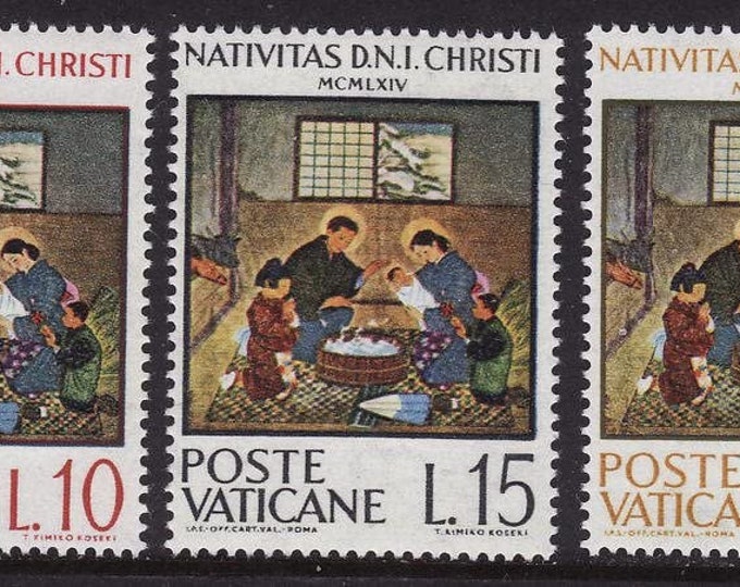 Japanese Christmas Scene Set of Three Vatican City Postage Stamps Issued 1964