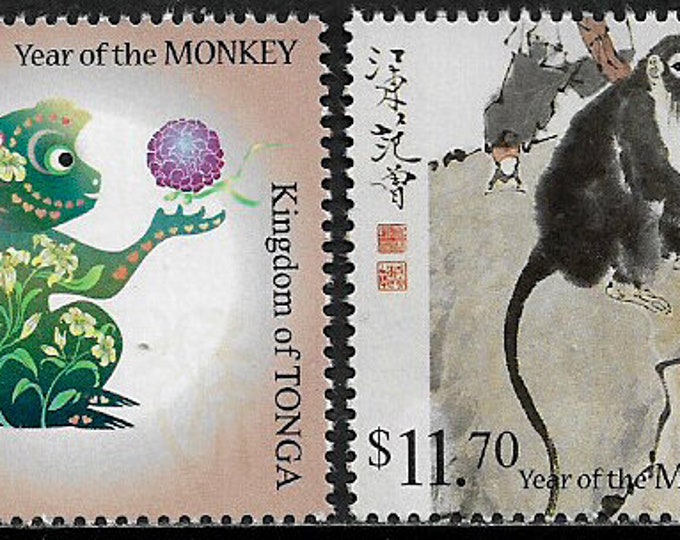 2015 Year of the Monkey Chinese New Year Set of 2 Tonga Postage Stamps Mint Never Hinged