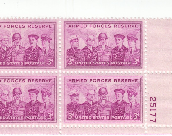 Armed Forces Reserve Plate Block of Four 3-Cent United States Postage Stamps Issued 1955