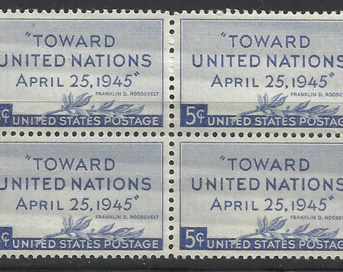 1945 United Nations Peace Conference Block of Four 5-Cent US Postage Stamps Mint Never Hinged