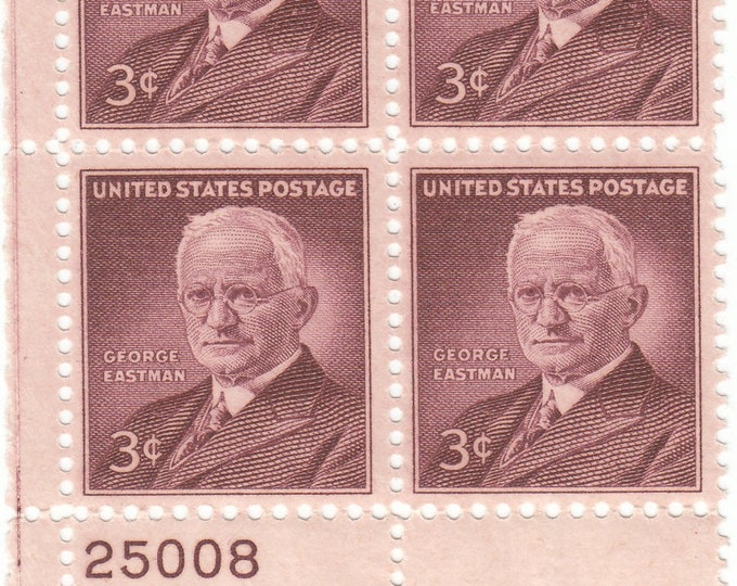 George Eastman Plate Block of Four 3-Cent United States Postage Stamps Issued 1954