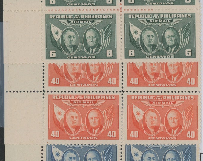 Roosevelt and Quezon Three Blocks of Four Philippines Air Mail Postage Stamps