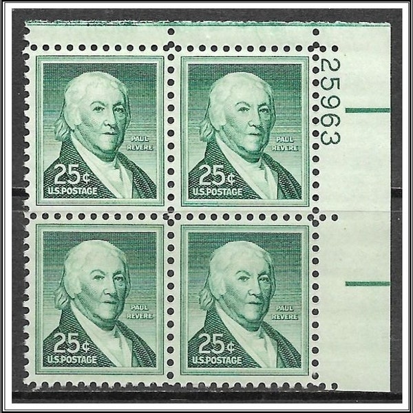 1958 Paul Revere Liberty Series Plate Block of Four 25-Cent US Postage Stamps Mint Never Hinged