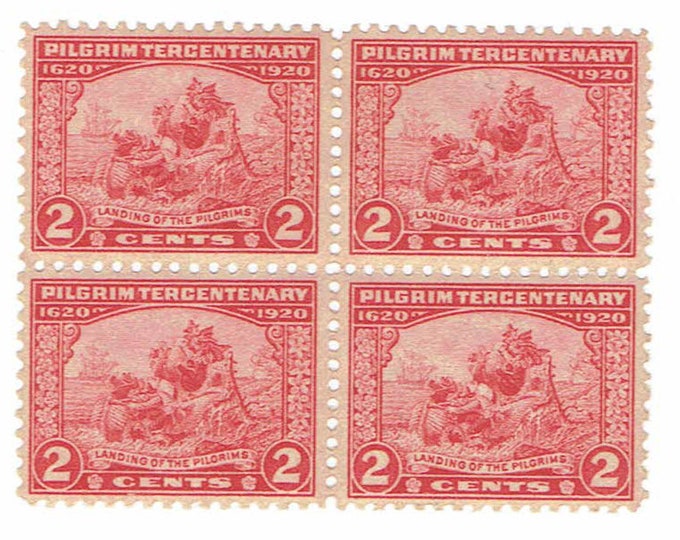 Landing of The Pilgrims Block of Four 2-Cent United States Postage Stamps Issued 1920