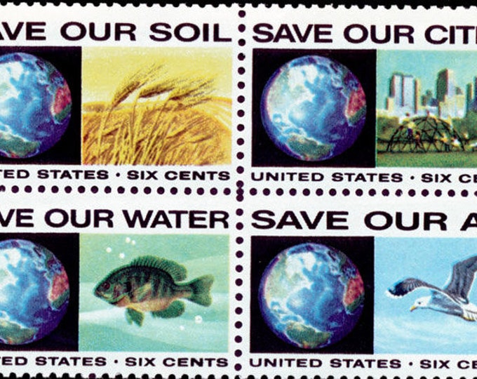 1970 Anti-Pollution Block of Four 6-Cent US Postage Stamps Mint Never Hinged