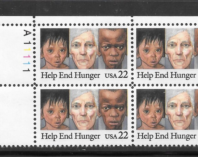 Hunger In America Plate Block of Four 22-Cent United States Postage Stamps Issued 1985