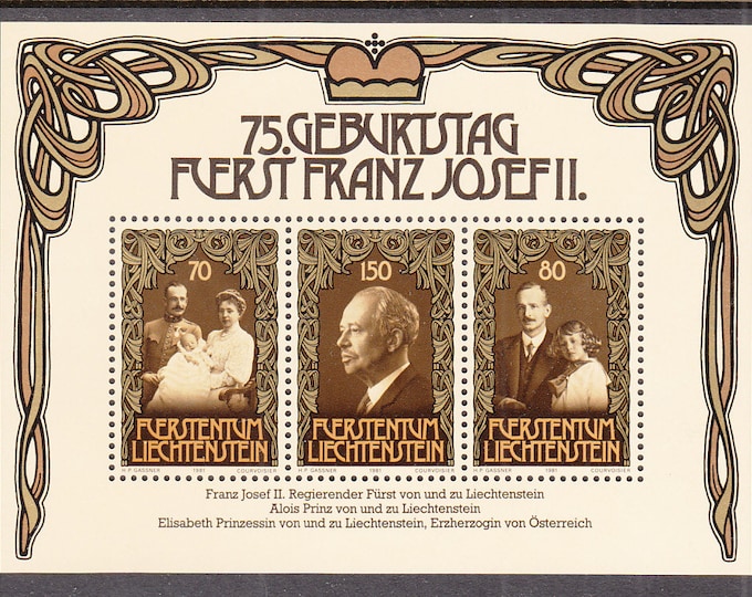 Franz Josef II Souvenir Sheet of Three Liechtenstein Postage Stamps Issued 1981