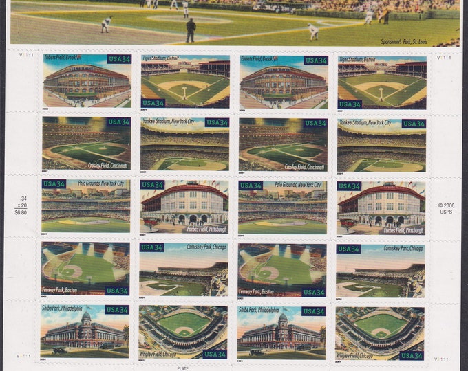 Legendary Baseball Fields Mint Sheet of Twenty 34-Cent United States Postage Stamps Issued 2001