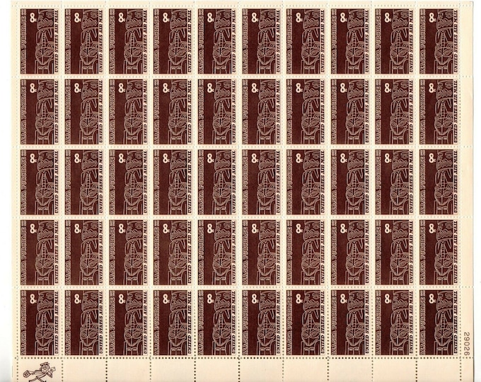 Alaska Totem Pole Sheet of Fifty 8-Cent United States Air Mail Postage Stamps Issued 1967