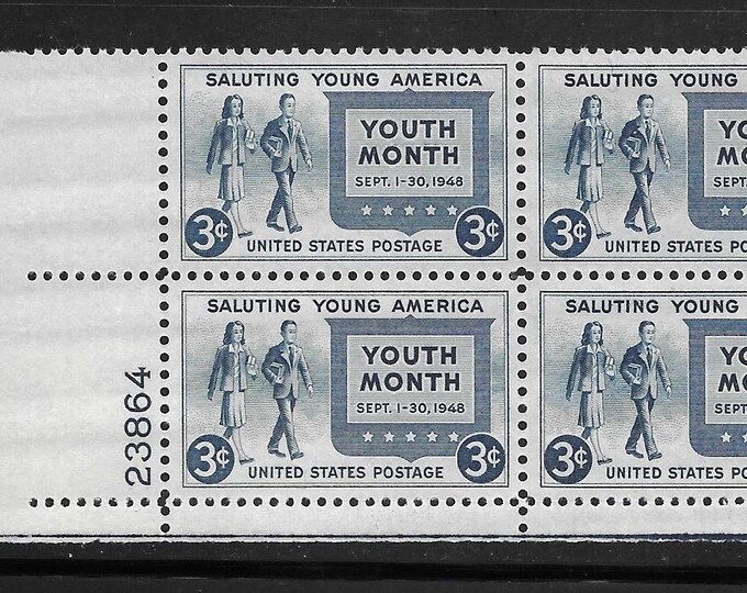 1948 Saluting Young America Plate Block of Four 3-Cent US Postage Stamps Mint Never Hinged