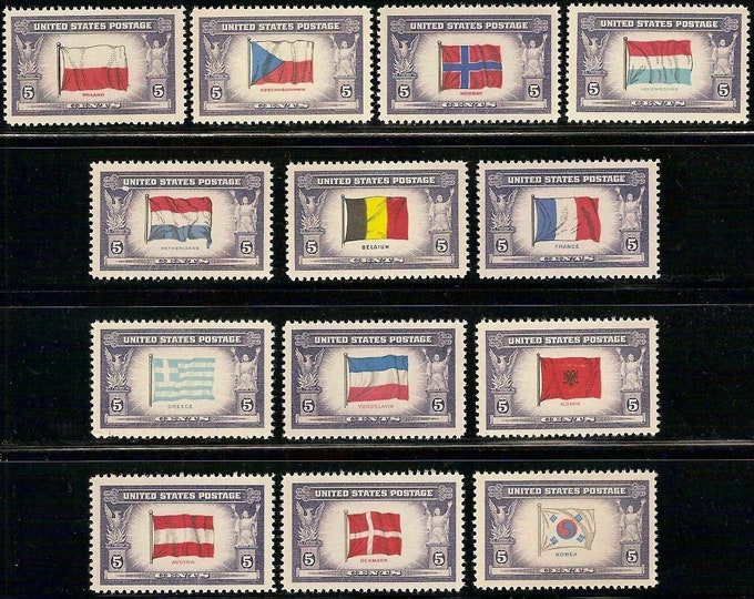 WWII Overrun Countries Complete Set of Thirteen United States Postage Stamps Issued 1943-44