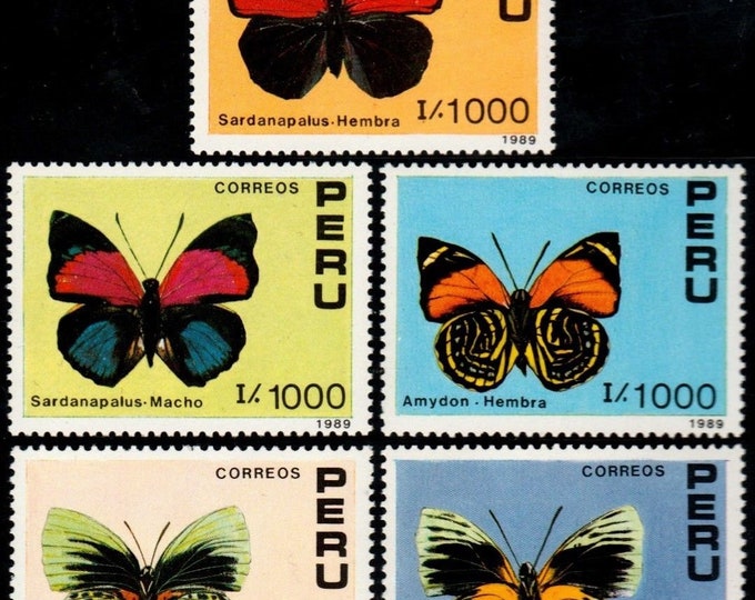 1990 Butterflies Set of Five Peru Postage Stamps Mint Never Hinged