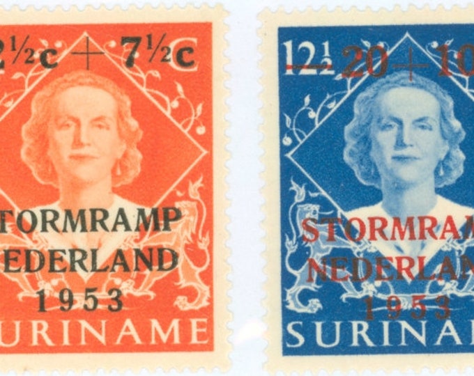 Flood Relief in the Netherlands Set of Two Suriname Postage Stamps Issued 1953