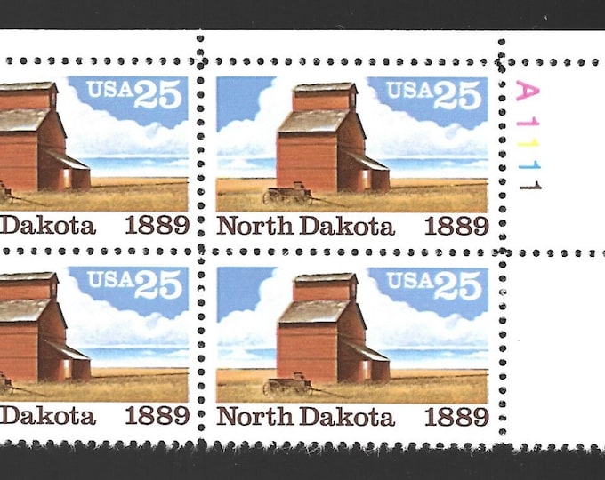 North Dakota Statehood Plate Block of Four 25-Cent United States Postage Stamps Issued 1989