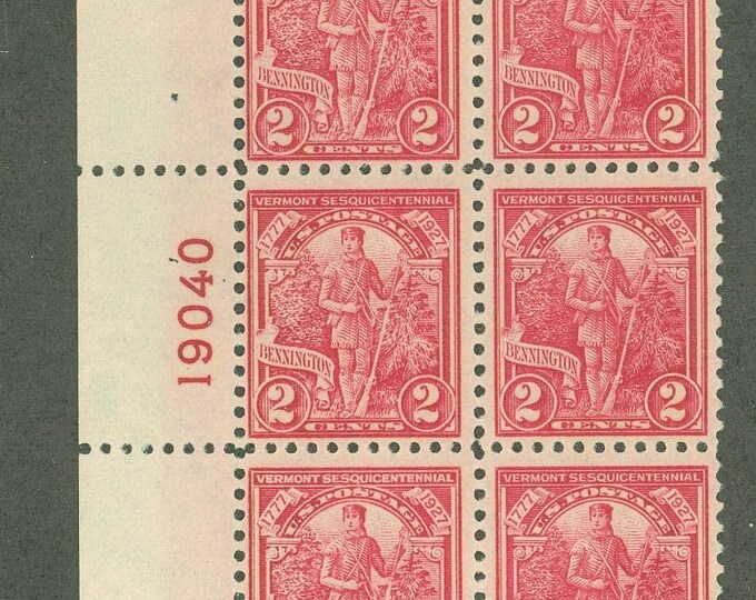 1927 Vermont Sesquicentennial Plate Block Left Position of Six 2-Cent US Postage Stamps Mint Never Hinged