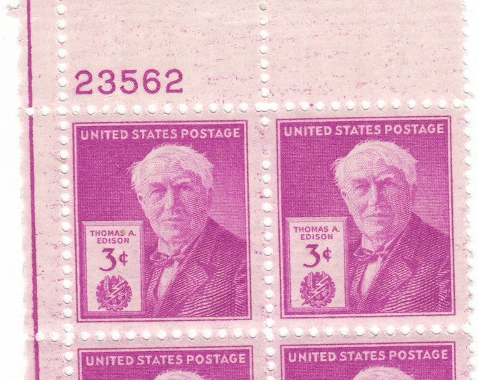 Thomas Edison Plate Block of Four 3-Cent US Postage Stamps Issued 1947