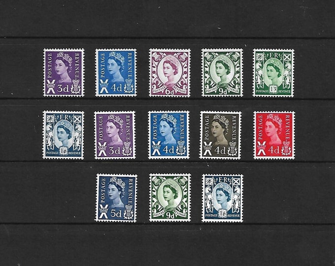 Queen Elizabeth II Set of Thirteen Scotland Postage Stamps Issued 1960s and 1970s