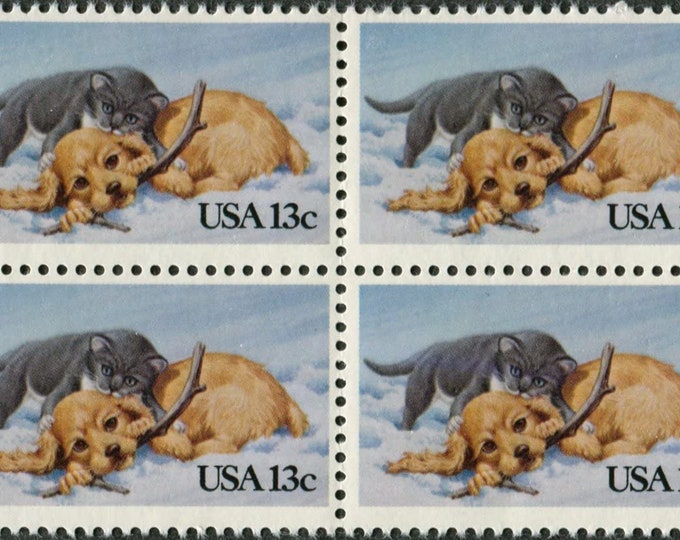 Kitten and Puppy Block of Four 13-Cent United States Postage Stamps