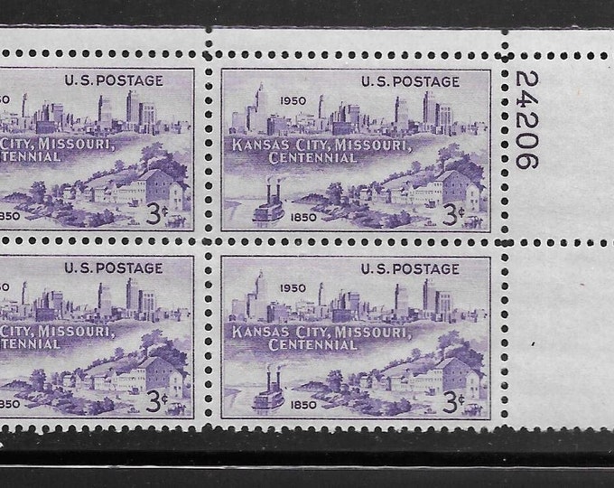 Kansas City Centenary Plate Block of Four 3-Cent United States Postage Stamps Issued 1950