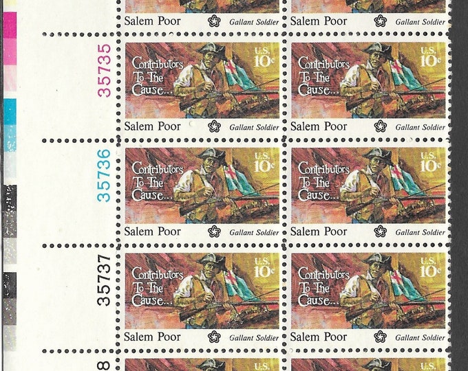 Salem Poor Plate Block of Ten 10-Cent United States Postage Stamps Issued 1975