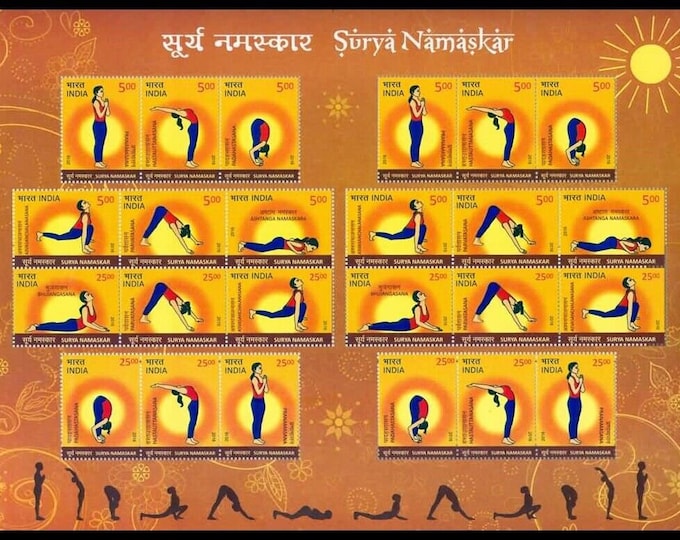 Yoga Poses Sheet of Twenty-Four India Postage Stamps Issued 2016