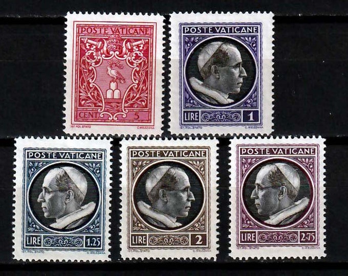 Pope Pius XII Set of Five Vatican City Postage Stamps Issued 1940
