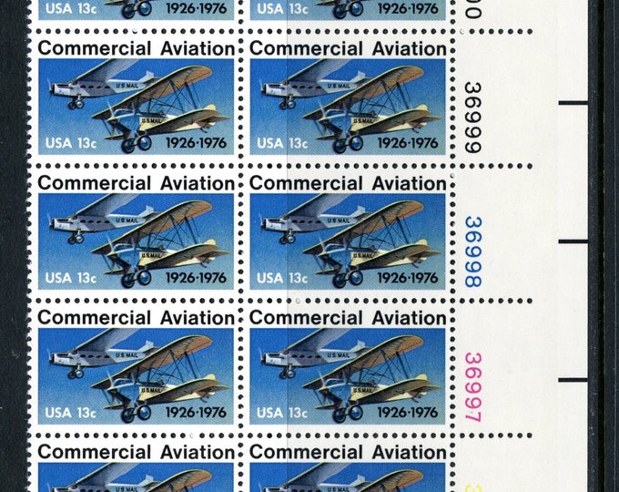 Commercial Aviation Plate Block of Ten 13-Cent United States Postage Stamps Issued 1976
