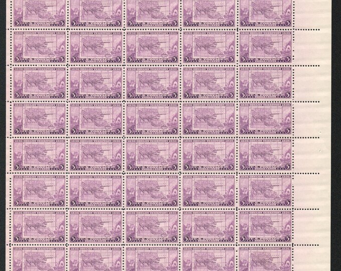 1936 Oregon Territory Centennial Sheet of Fifty 3-Cent US Postage Stamps