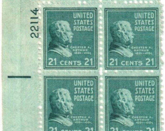 Chester Arthur Plate Block of Four 21-Cent United States Postage Stamps Issued 1938