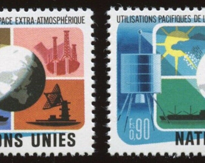 Peaceful Use of Outer Space Set of Two United Nations Geneva Postage Stamps Issued 1975