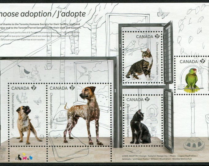 2013 Pet Adoption Miniature Sheet of 5 Canada Postage Stamps Cats Dogs Bird Mint Never Hinged