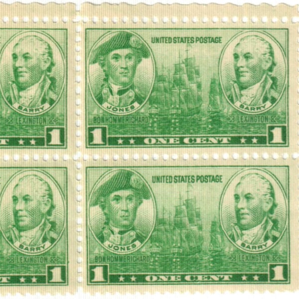 John Paul Jones and John Barry Plate Block of Four 1-Cent United States Postage Stamps Issued 1936